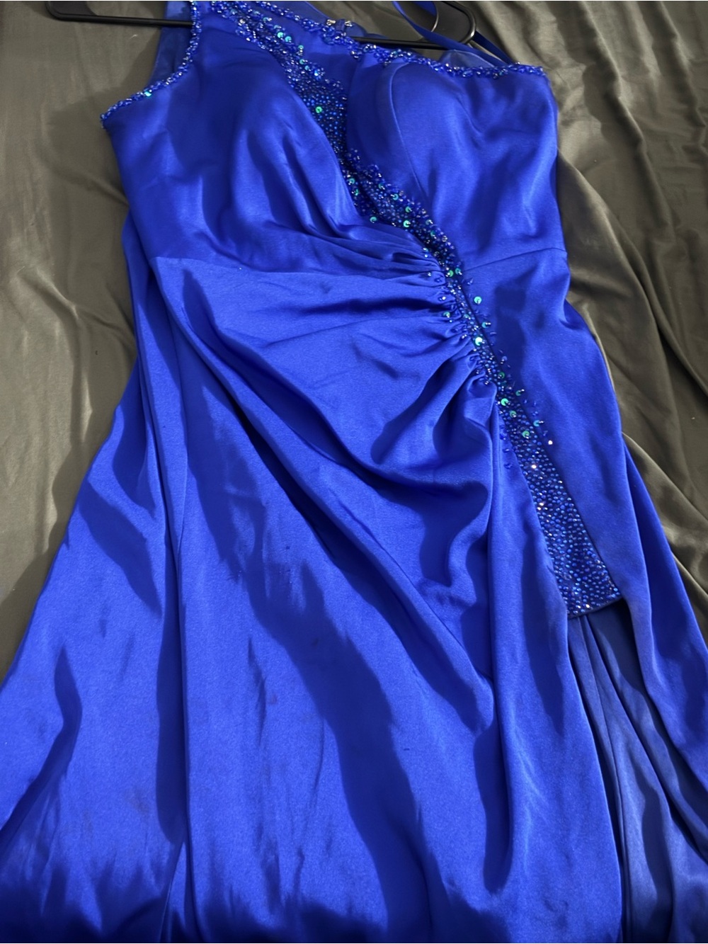Shiny blue prom dress